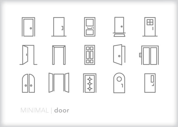 Door line icons for business and home Set of 15 door line icons of open and closed doors for houses, offices, and elevators including double doors, front doors, arched doors and doors with windows door stock illustrations
