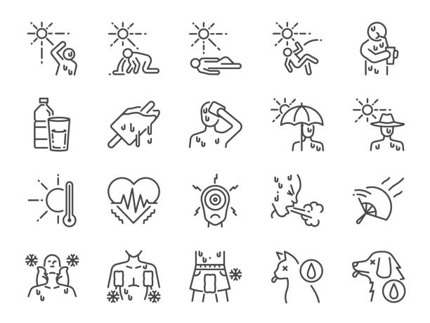 Heatstroke line icon set. Included icons as heat, stroke, faint, hot, sick, summer and more. Heatstroke line icon set. Included icons as heat, stroke, faint, hot, sick, summer and more. faint stock illustrations