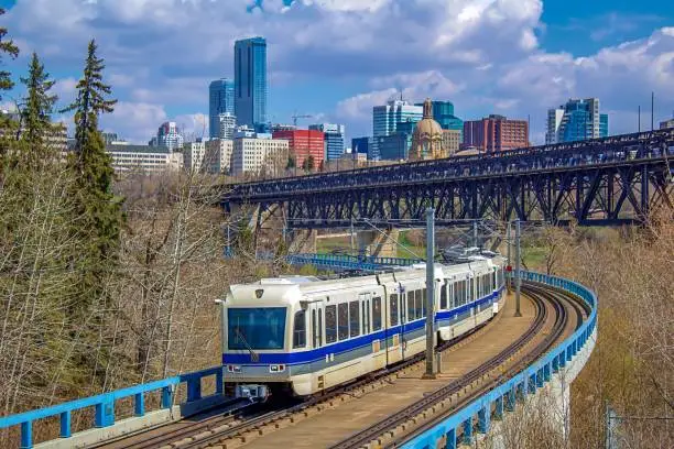 A view of the light rail transit train in Edmonton coming down the tracks