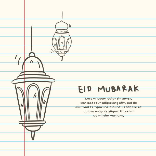 eid mubarak eid mubarak greeting card with doodle lantern, eid mubarak is mean happy islamic big day drawing of ramzan eid stock illustrations