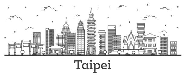 ilustrações de stock, clip art, desenhos animados e ícones de outline taipei taiwan city skyline with modern buildings isolated on white. - taipei