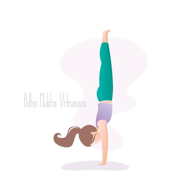 Girl doing yoga pose, Handstand or Adho Mukha Vrksasana asana in hatha yoga, Girl doing yoga pose, Handstand or Adho Mukha Vrksasana asana in hatha yoga,vector illustration in trendy style headstand stock illustrations