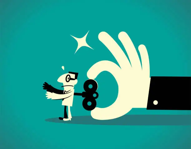 Vector illustration of Big hand turning a wind-up key on a businessman back