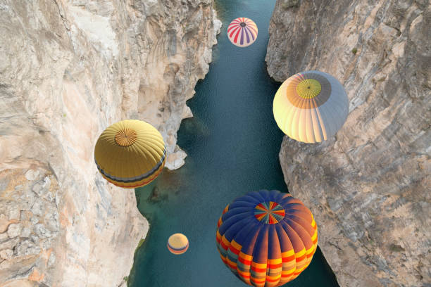 istock Air balloons on high snowy mountain 1147916785