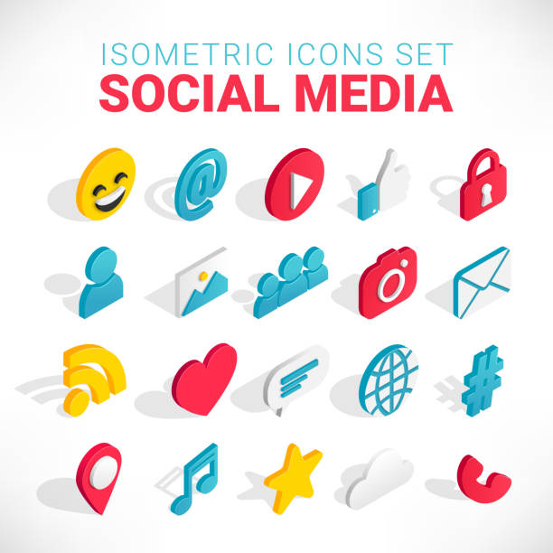 ilustrações, clipart, desenhos animados e ícones de ícones sociais isométricos dos media ajustados - computer icon symbol icon set media player