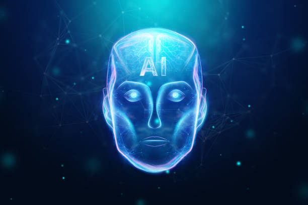 istock Blue Hologram robot head, artificial intelligence on blue background. Concept neural networks, autopilot, robotization, industrial revolution 4.0. 3D illustration, 3D rendering. 1147918317