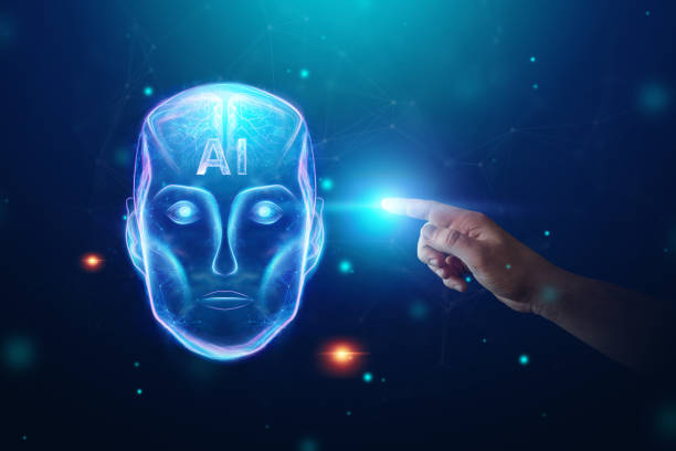 istock Blue Hologram robot head, artificial intelligence on blue background. Concept neural networks, autopilot, robotization, industrial revolution 4.0. 1147918318