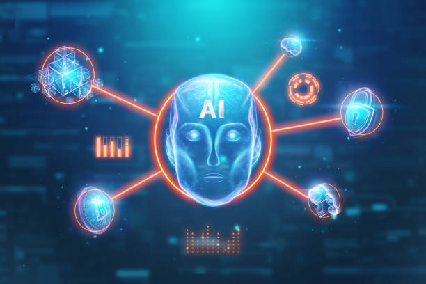 istock Blue Hologram robot head, artificial intelligence on blue background. Concept neural networks, autopilot, robotization, industrial revolution 4.0. 3D illustration, 3D rendering. 1147918341