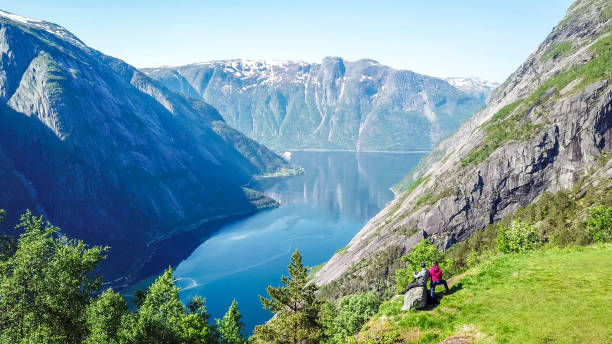 Norway  - A couple standing at the slopes of the fjord A couple standing on the meadow with a majestic view on Eidfjord from Kjeasen, Norway. Slopes of the mountains are overgrown with lush green grass. Water has dark blue color. Sunny and clear day ryfylke stock pictures, royalty-free photos & images