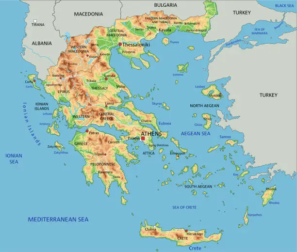 Vector illustration of High detailed Greece physical map with labeling.