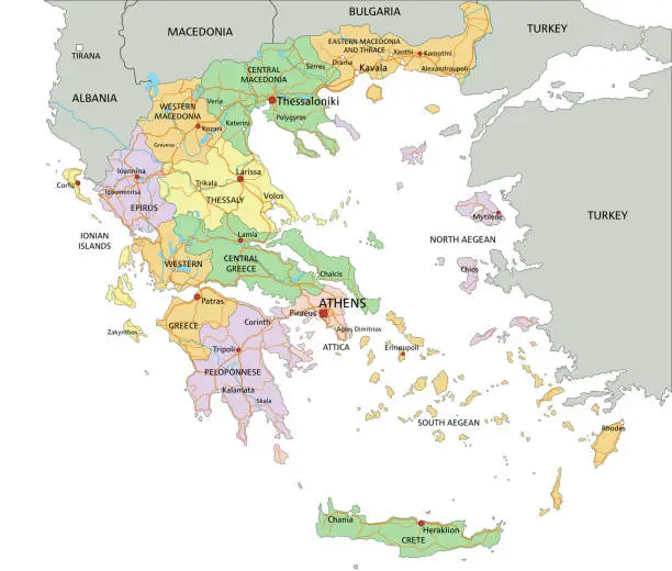 Vector illustration of Greece - Highly detailed editable political map with labeling.