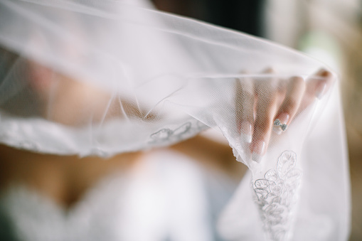 bride in wedding dress holding veil