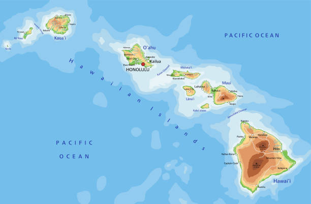 illustrazioni stock, clip art, cartoni animati e icone di tendenza di mappa fisica delle hawaii ad alta dettaglio con etichettatura. - big island isola di hawaii