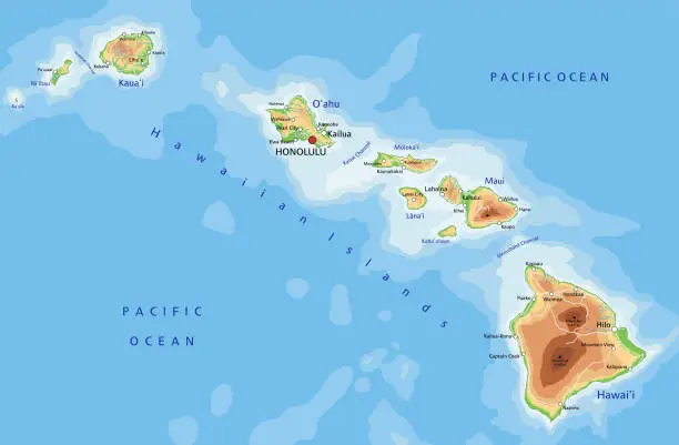 Vector illustration of High detailed Hawaii physical map with labeling.