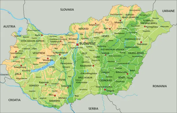 Vector illustration of High detailed Hungary physical map with labeling.