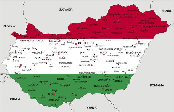 Hungary highly detailed political map with national flag. Hungary highly detailed political map with national flag. Organized vector illustration on seprated layers. lake balaton stock illustrations