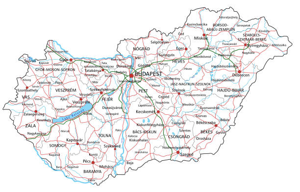 Hungary road and highway map. Vector illustration. Hungary road and highway map. Organized vector illustration on seprated layers. lake balaton stock illustrations