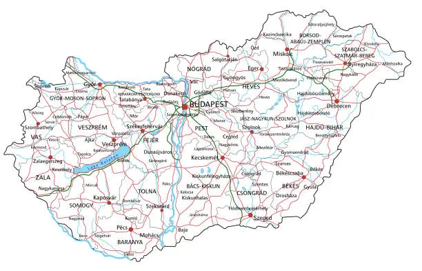 Vector illustration of Hungary road and highway map. Vector illustration.