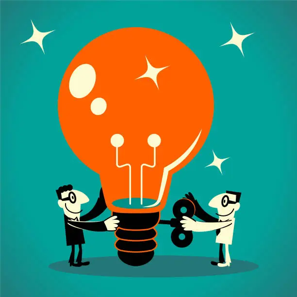 Vector illustration of Two businessmen turning a wind-up key on a big idea light bulb