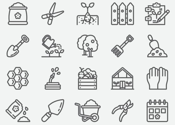 gardening line icons - gardening shovel trowel flower stock-grafiken, -clipart, -cartoons und -symbole