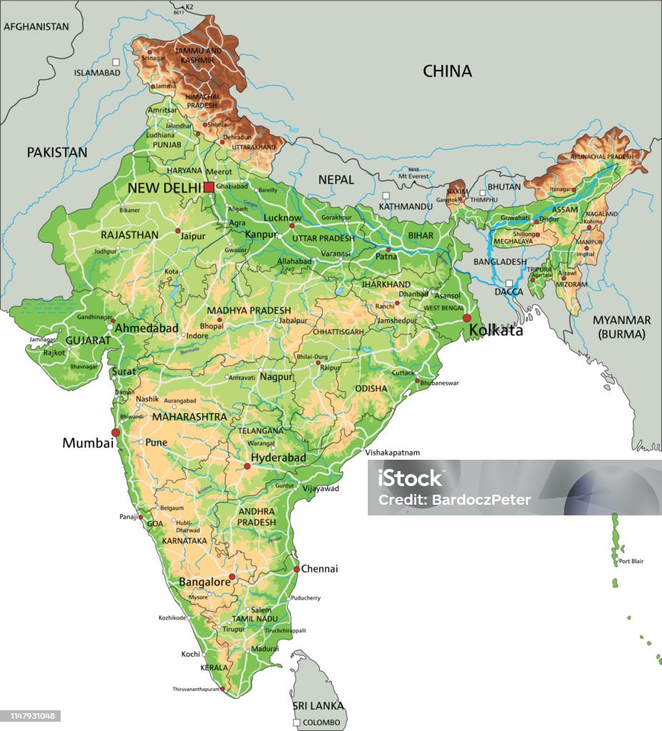 High Detailed India Physical Map With Labeling Stock Illustration ...