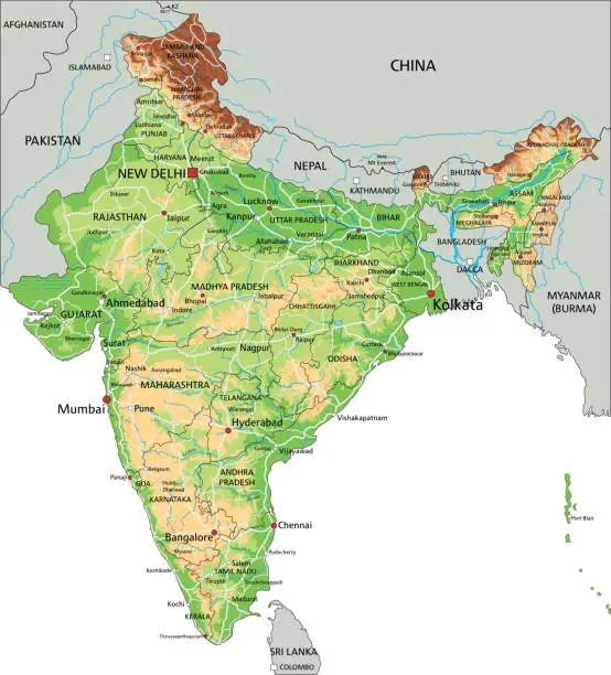 Vector illustration of High detailed India physical map with labeling.