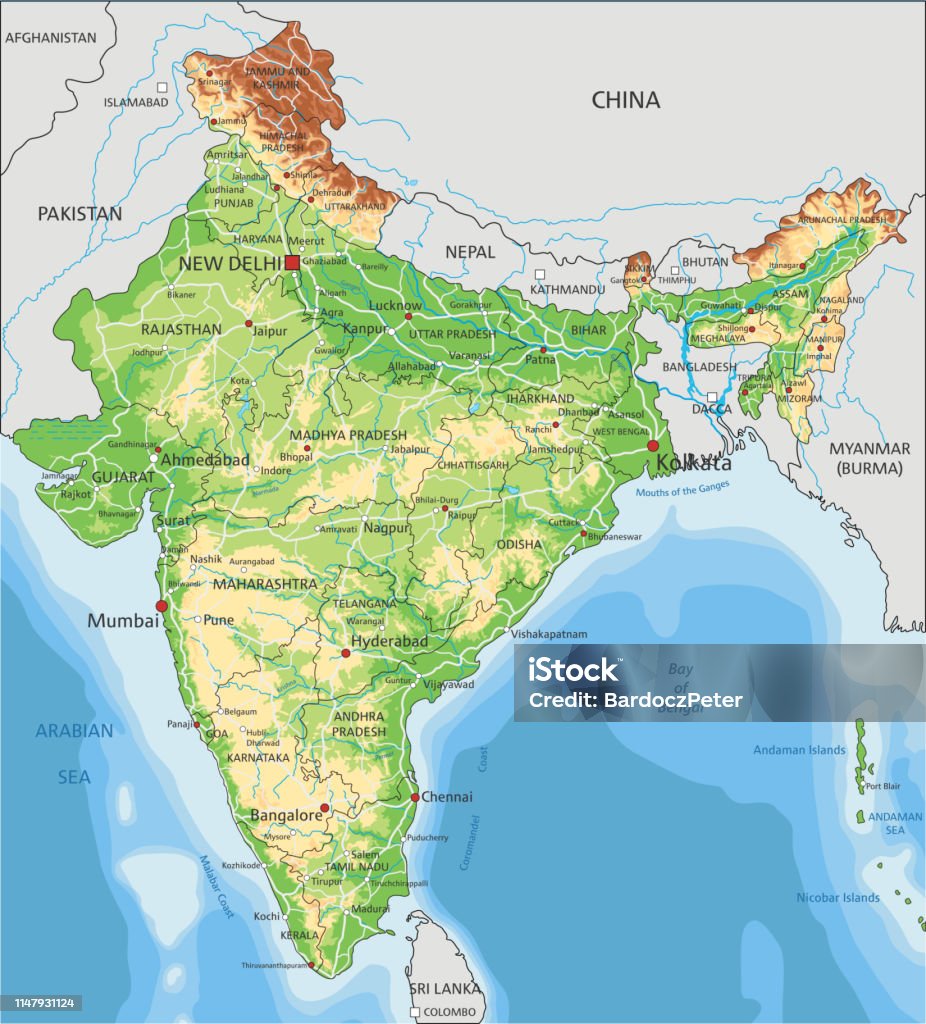 High Detailed India Physical Map With Labeling Stock Illustration ...