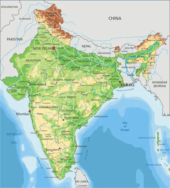 Vector illustration of High detailed India physical map with labeling.