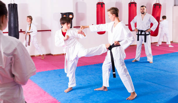 istock Children working in pair mastering new karate moves 1147931151