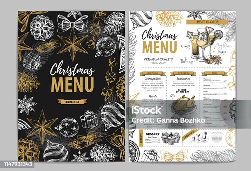 istock Hand drawing Christmas holiday menu design. Restaurant menu 1147931343