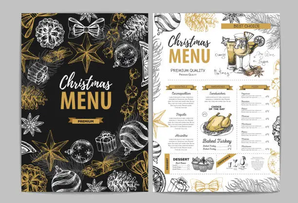 Vector illustration of Hand drawing Christmas holiday menu design. Restaurant menu
