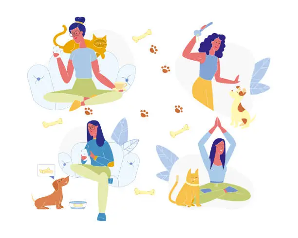 Vector illustration of Female Character Spend Time Together with Animals