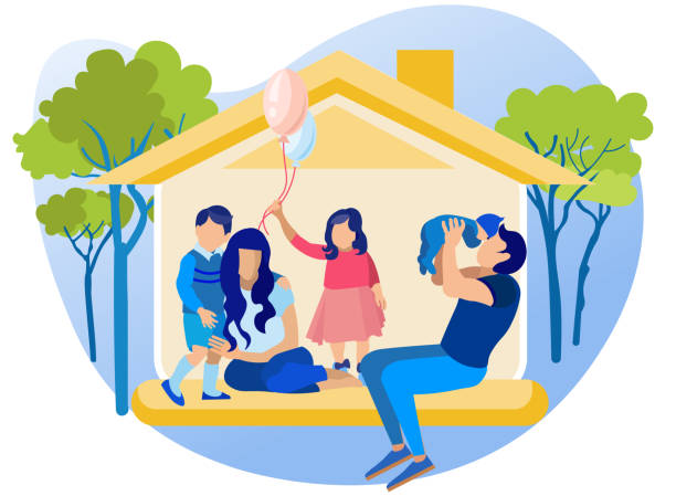 Mom, Dad, Daughter and Two Little Sons at Home. Happy Family in House. Mom, Dad, Daughter and Two Little Sons at Home. Father Kissing Baby Boy, Girl Holding Balloons, Elder Kid Hugging Mother. Faceless Characters. Cartoon Flat Vector Illustration vector love care old stock illustrations
