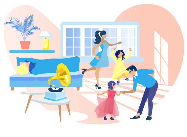 Vector illustration of Family Dancing at Home Listening Gramophone Music.