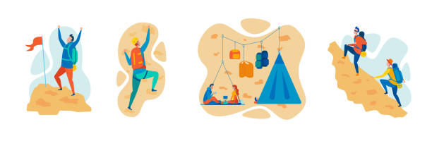 등산, 등산 스포츠 평면 벡터 개념 - climbing mountain climbing rock climbing moving up stock illustrations