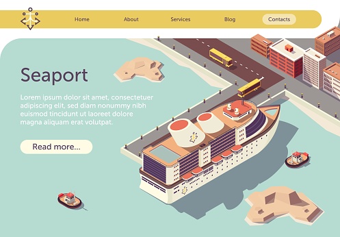 Seaport Isometric Banner with Ocean Liner and Place for Presentation Text. Transport Logistic Sea and Transportation. Floating Tugboat, Buses Driving People to Cruise Ship. Vector 3d Illustration.