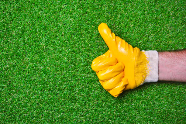 istock Worker hand in a yellow glove with a thumbs up gesture on artificial turf backdrop. verything will be fine okay concept. Quality service background. 1147934306