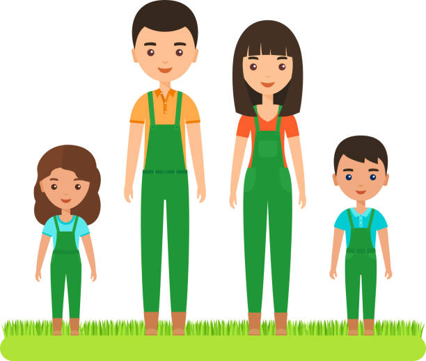 Smiling family in garden jumpsuits. Vector flat illustration. Family in green overalls and boots. Vector. Happy characters of gardeners. Farmers standing on grass. Mother, father, daughter and son isolated on white background. Cartoon flat illustration. farmer son stock illustrations