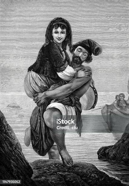 Sailor Carrying A Pretty Young Woman Ashore Stock Illustration - Download Image Now - Archival, History, Sensuality