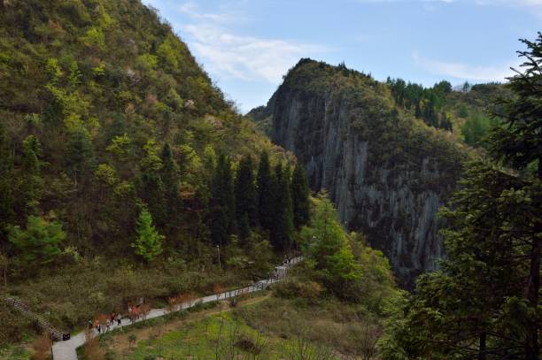 los turistas que caminan a pie por el cañón - hubei province fotografías e imágenes de stock