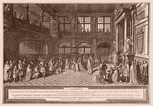 Louis XIV receiving the oath of the Marquis De Dangeau, Grand Master of the Order of Saint Lazare Illustration of a Louis XIV receiving the oath of the Marquis De Dangeau, Grand Master of the Order of Saint Lazare palace of versailles stock illustrations