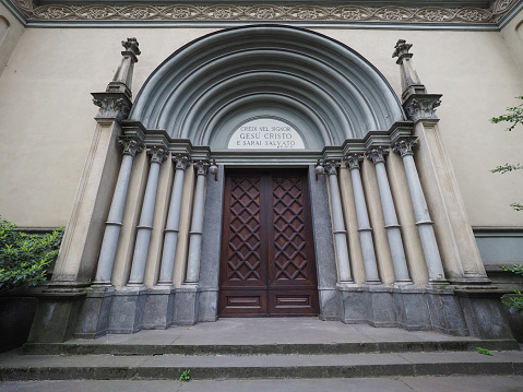 Tempio Valdese (meaning Waldensian Temple) evangelical church in Turin, Italy. Text means Believe in The Lord Jesus, And You Will Be Saved