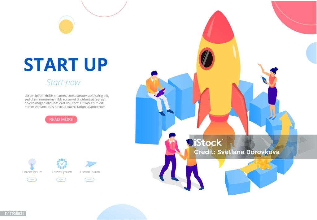 New business start up. Homepage template with people, money and rocket. New business start up. Vector presentation or homepage template with people, money and rocket, flat style. Teamwork, development, online technologies, smm, monetization and sales. Poster stock vector