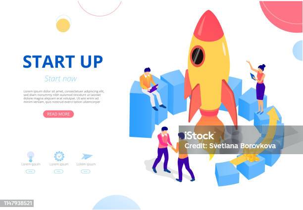 New Business Start Up Homepage Template With People Money And Rocket Stock Illustration - Download Image Now