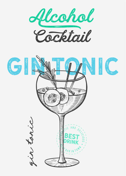 Cocktail illustration - gin tonic for restaurant on vintage background. Vector hand drawn alcohol drinks icons for bar and pub. Design with lettering and sketch elements. Gin tonic cocktail illustration, vector hand drawn alcohol drink gin tonic stock illustrations
