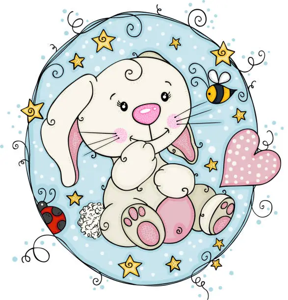 Vector illustration of Happy bunny on cute blue label with bugs and stars
