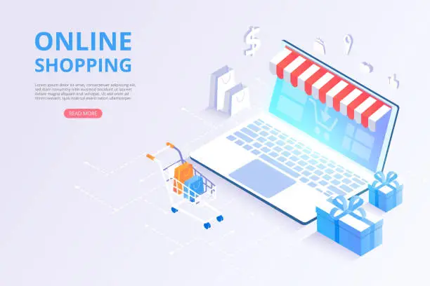 Vector illustration of Online store, shopping, online payment. Homepage template with 3d laptop, goods and shopping cart.