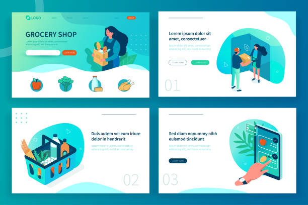 grocery shopping Grocery shop landing page template. Can use for web banner, infographics, hero images. Flat isometric modern vector illustration. grocery store cashier stock illustrations