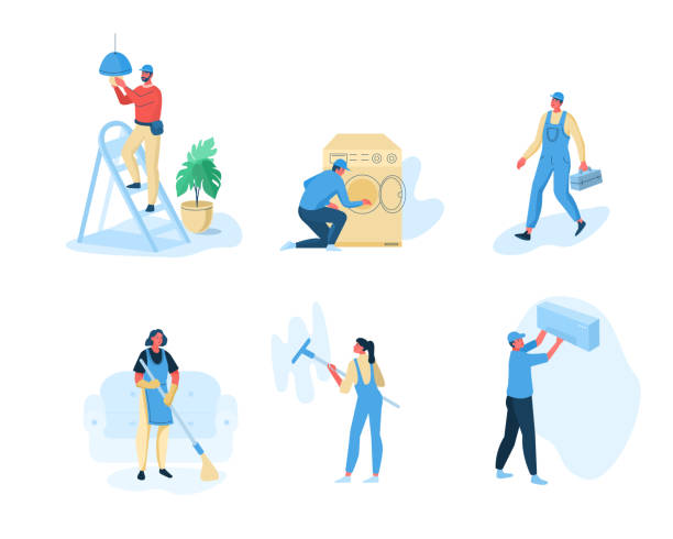 workers Repair and cleaning service workers.  Flat style modern vector illustration. electrician stock illustrations