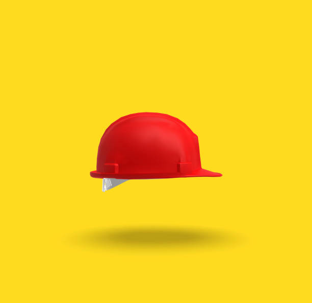 istock Red Helmet on Yellow Background, 3D Rendering 1147947345
